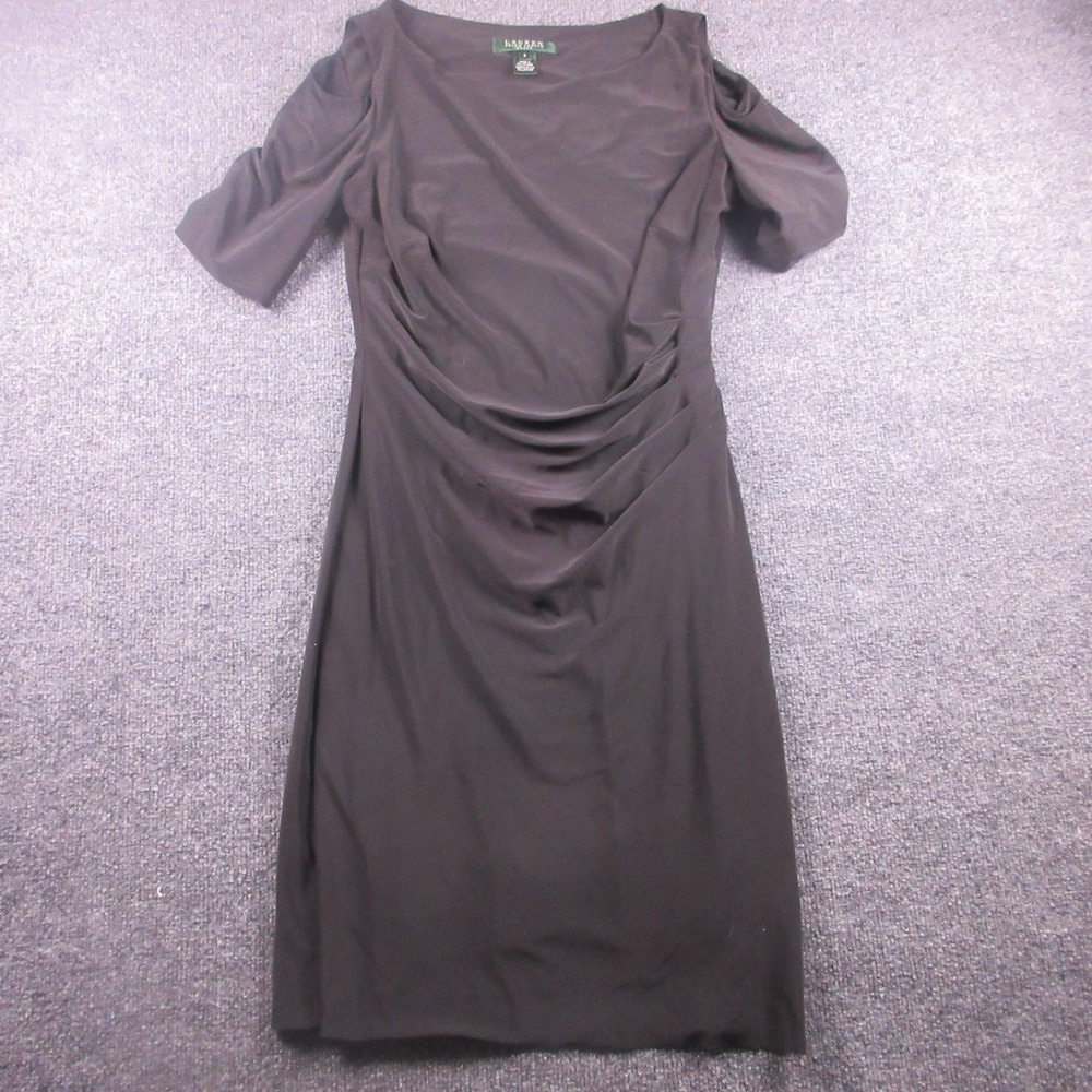 Lauren Ralph Lauren Dress Womens 6 Black Boat Neck Ruched Sheath Jersey‎ Stretch